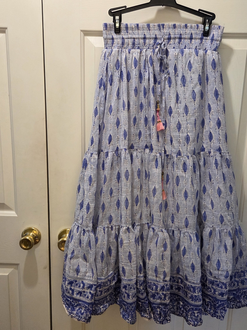 Smocked Waist Blue Printed Tiered Maxi Skirt
